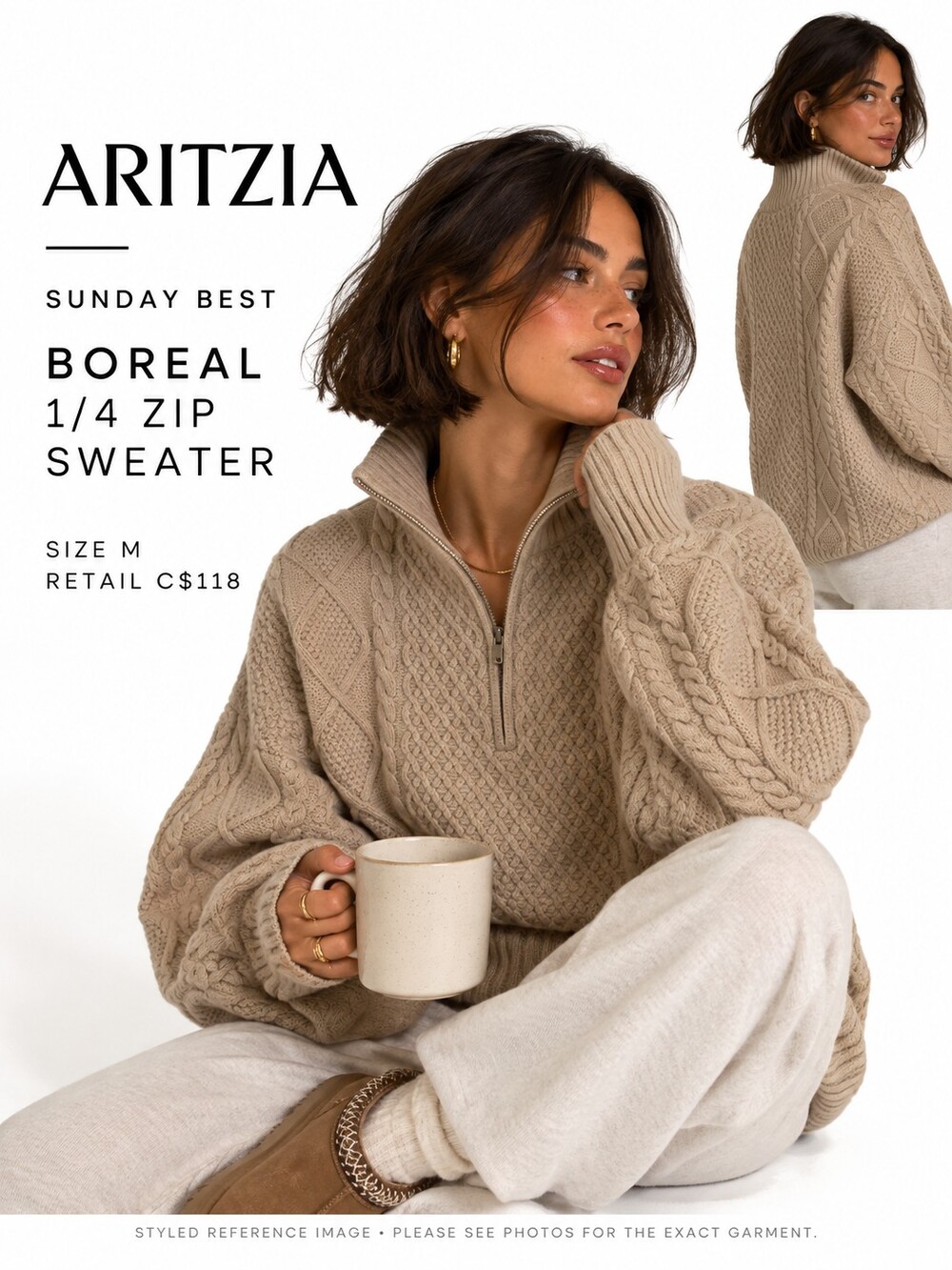 Aritzia Sunday Best Cable Knit Quarter-Zip Sweater Brown Medium NWOT New Merino